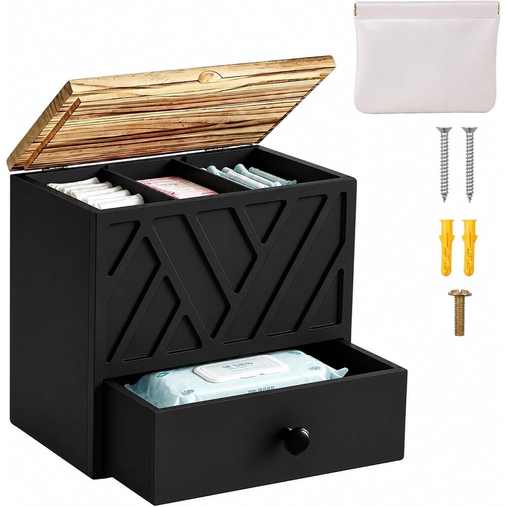 Feminine Hygiene Organizer with Drawer Sanitary Pad Storage Box Black New in Box